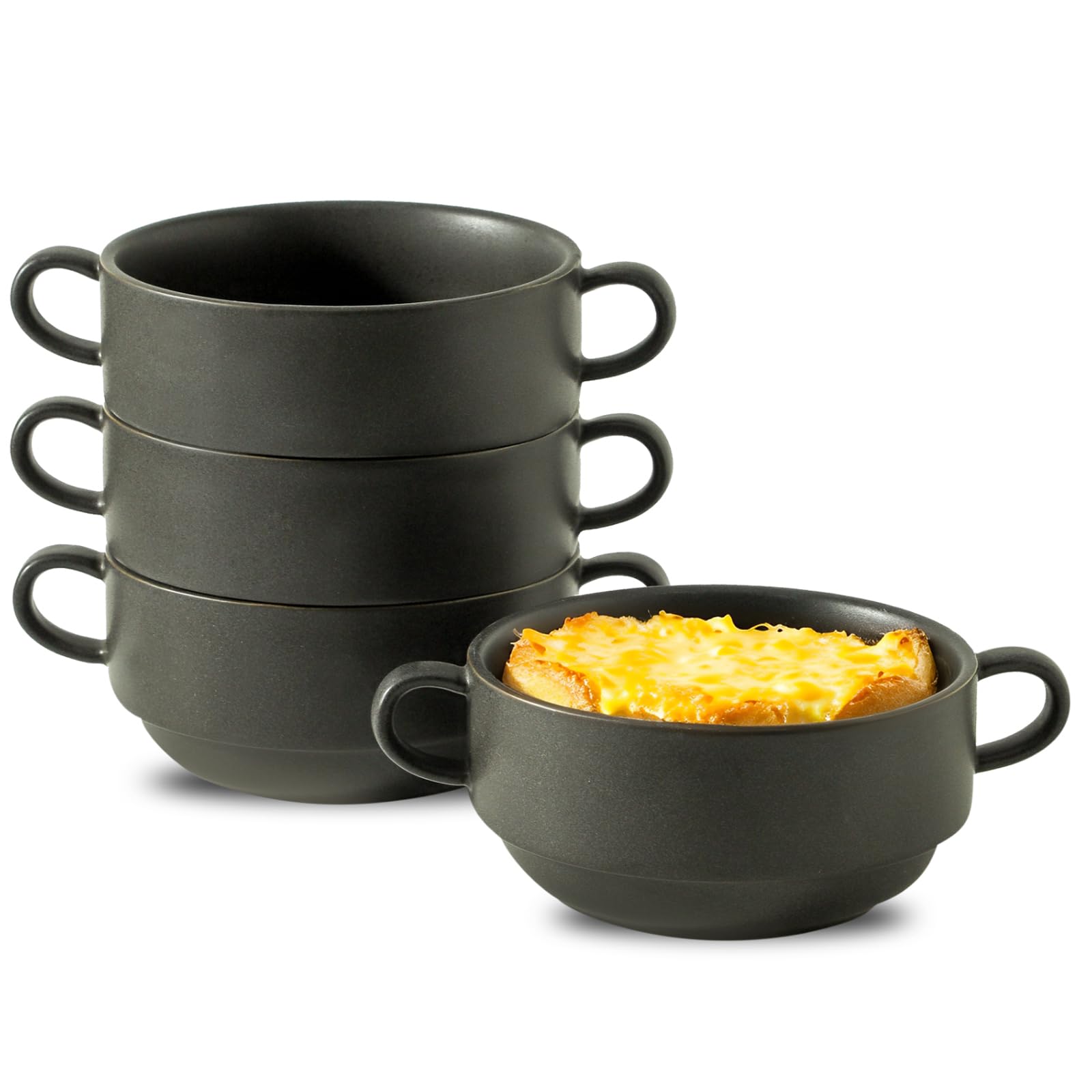Photo 1 of Tikooere Soup Bowls, 22 oz French Onion Soup Bowls with Handles, Stackable Ceramic Bowls Set of 4, Dinner Bowls for Chili, Beef Stew, Soup, Cereal, Oven Microwave Dishwasher Safe, Matte Black