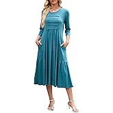 Quatrefox Womens 2025 Casual Midi Dress Fall A Line Pleated Flowy 3/4 Sleeve T Shirt Beach Travel Dresses with Pockets