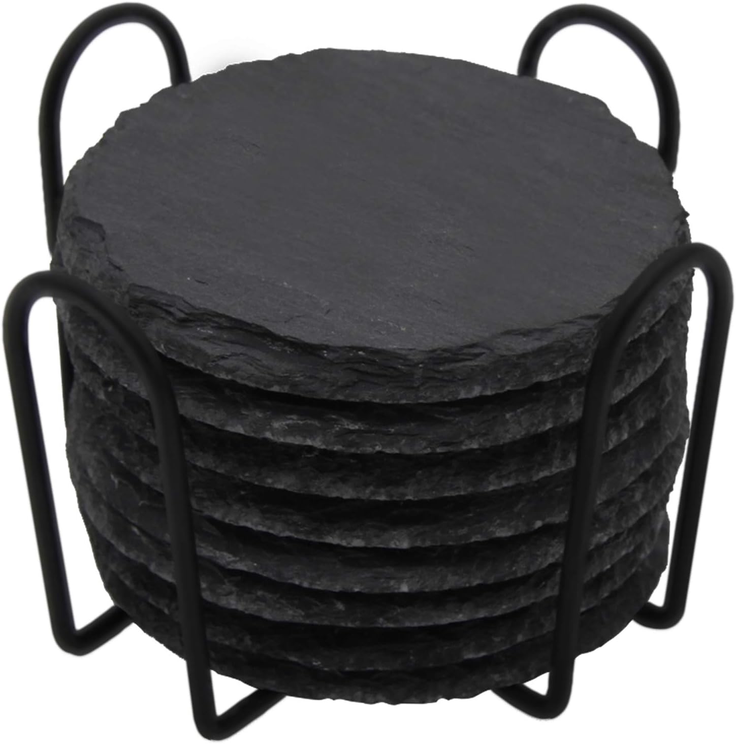 GOH DODD Drink Coasters with Holder, 8 Pieces Round Slate Stone