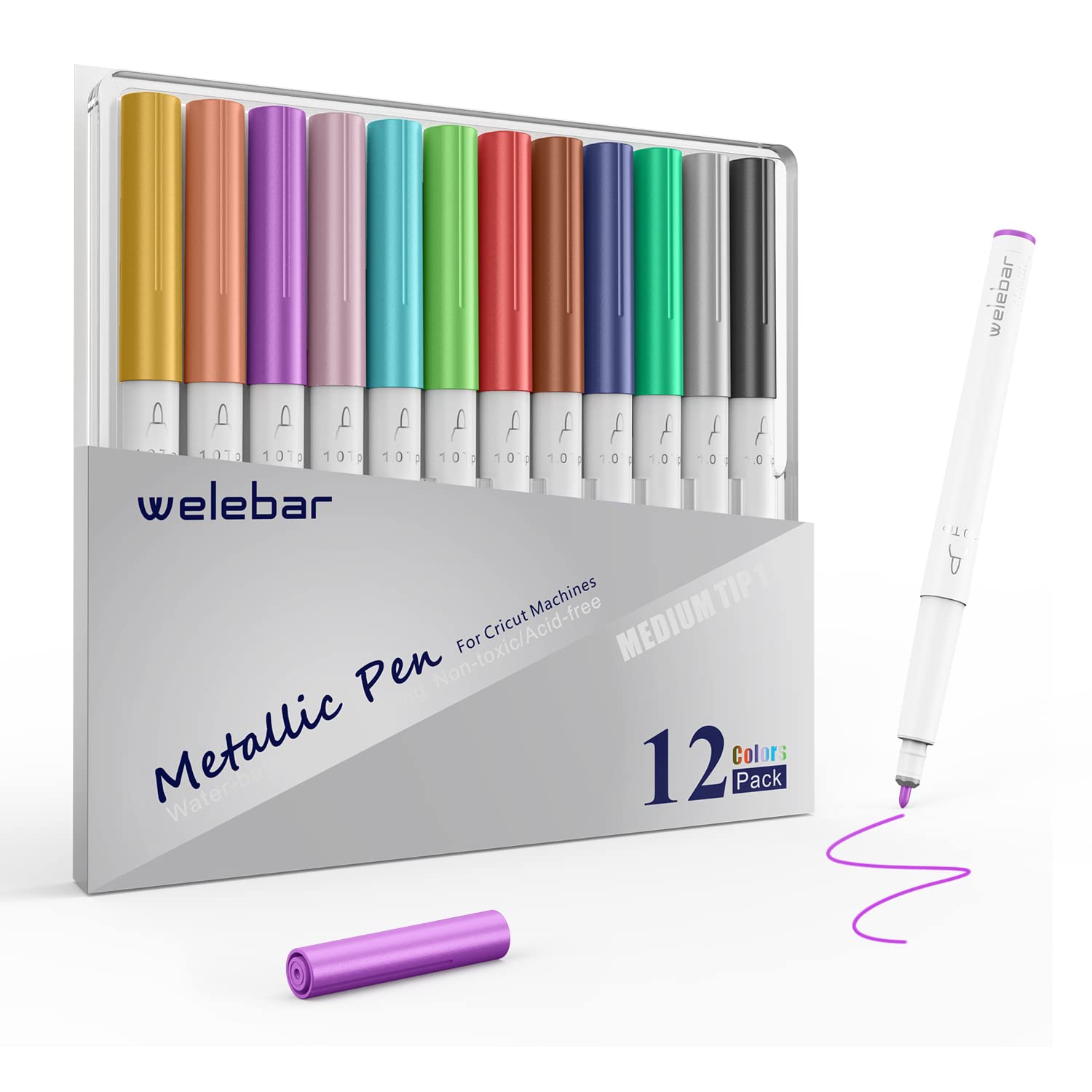 Welebar Metallic Marker Pens for Cricut Maker 3/Maker 4/Explore 3/Explore 4/Air 2, 1.0 Tip Medium Point Pen Set of 12 Pack Pens for Writing Drawing Invitations