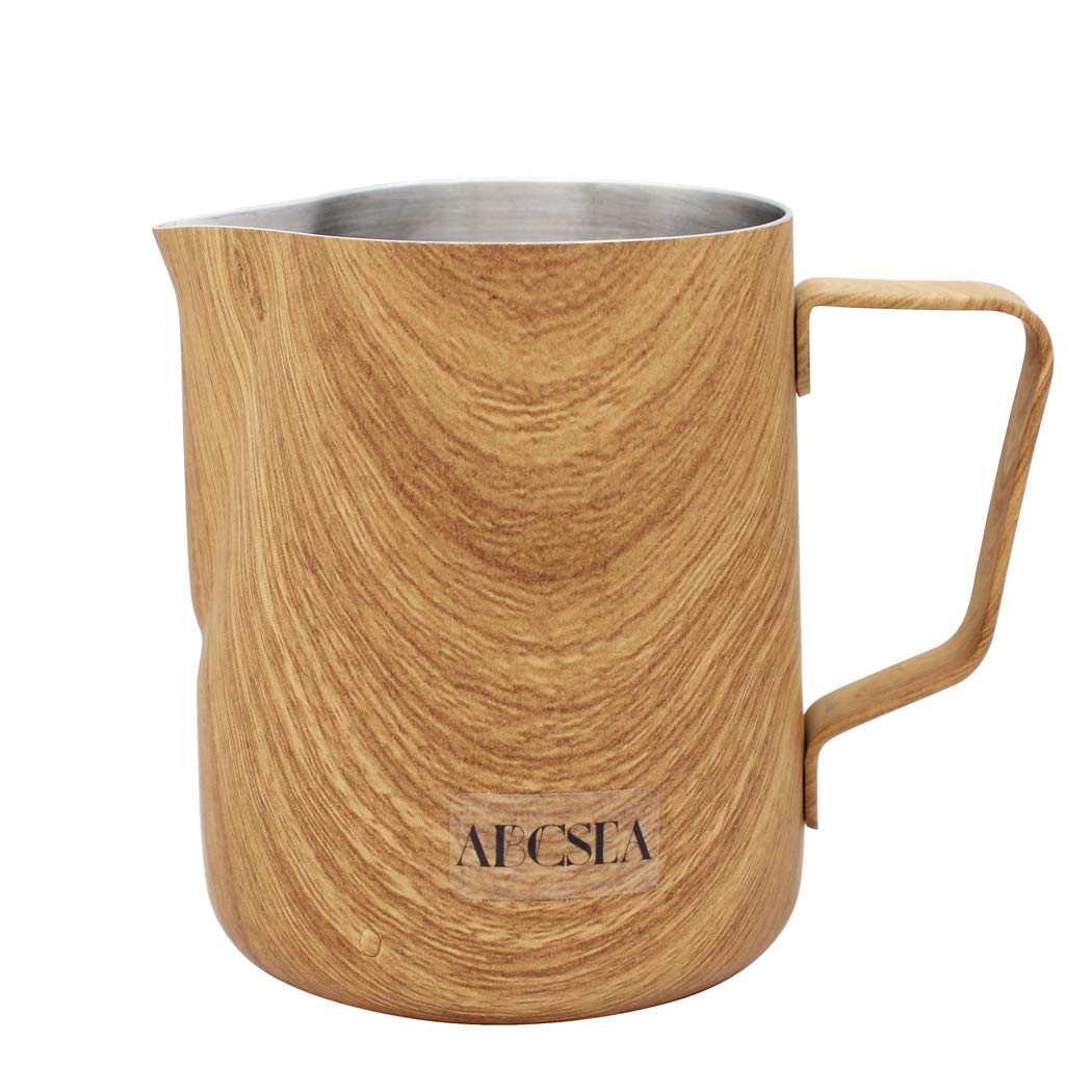 Abcsea 1 Piece Stainless Steel Milk Frothing Pitcher Jug, Milk Frother jug, Milk Foaming Jug for Coffee and Latte Art, Wooden Color 600ml/20oz