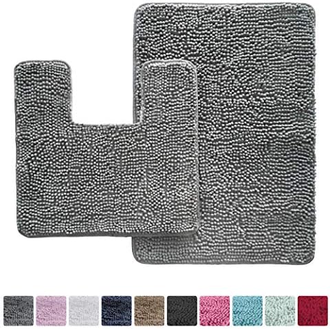 Kangaroo Original Shaggy Chenille Bathroom 2 Piece Rug Set Includes Mat Contoured for Toilet and 30x20 Carpet Mat, Machine Wash/Dry Mats, Absorbent, Plush Rugs for Kids Tub, Shower & Bath Room (Gray)