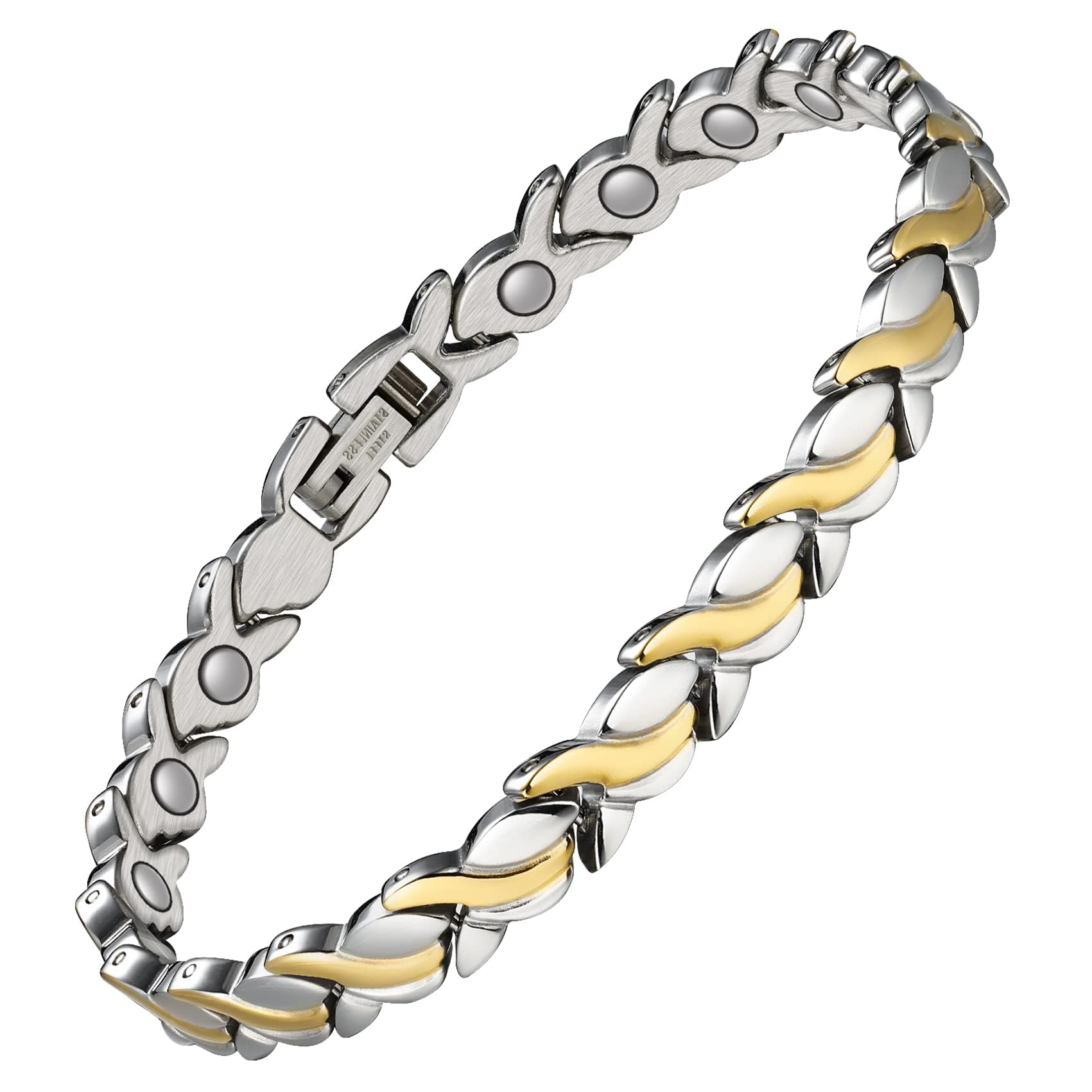 Jeracol Magnetic Bracelets for Women,Titanium Steel Ladies Magnetic Bracelets,Adjustable Wristband include sizing tool in Gift Box(Fish Tail Design-Silver Gold)