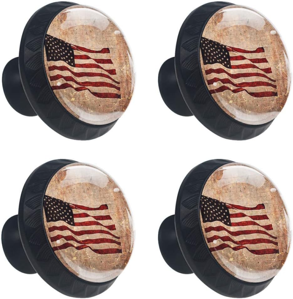 4 Pcs 35mm Retro Patriotic American Flag Cabinet Knobs Round Glass Drawer Handles Pull with Screws for Home, Office, Kitchen, Bathroom Cabinet, Dresser and Cupboard (1-3/8 Inches)