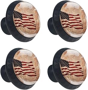 4 Pcs 35mm Retro Patriotic American Flag Cabinet Knobs Round Glass Drawer Handles Pull with Screws for Home, Office, Kitchen, Bathroom Cabinet, Dresser and Cupboard (1-3/8 Inches)