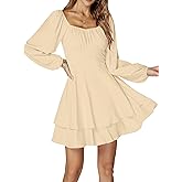 LYANER Women's Lantern Long Sleeve Wrap Tie Back Square Neck Double Layer Ruffle Hem A Line Short Mini Dress