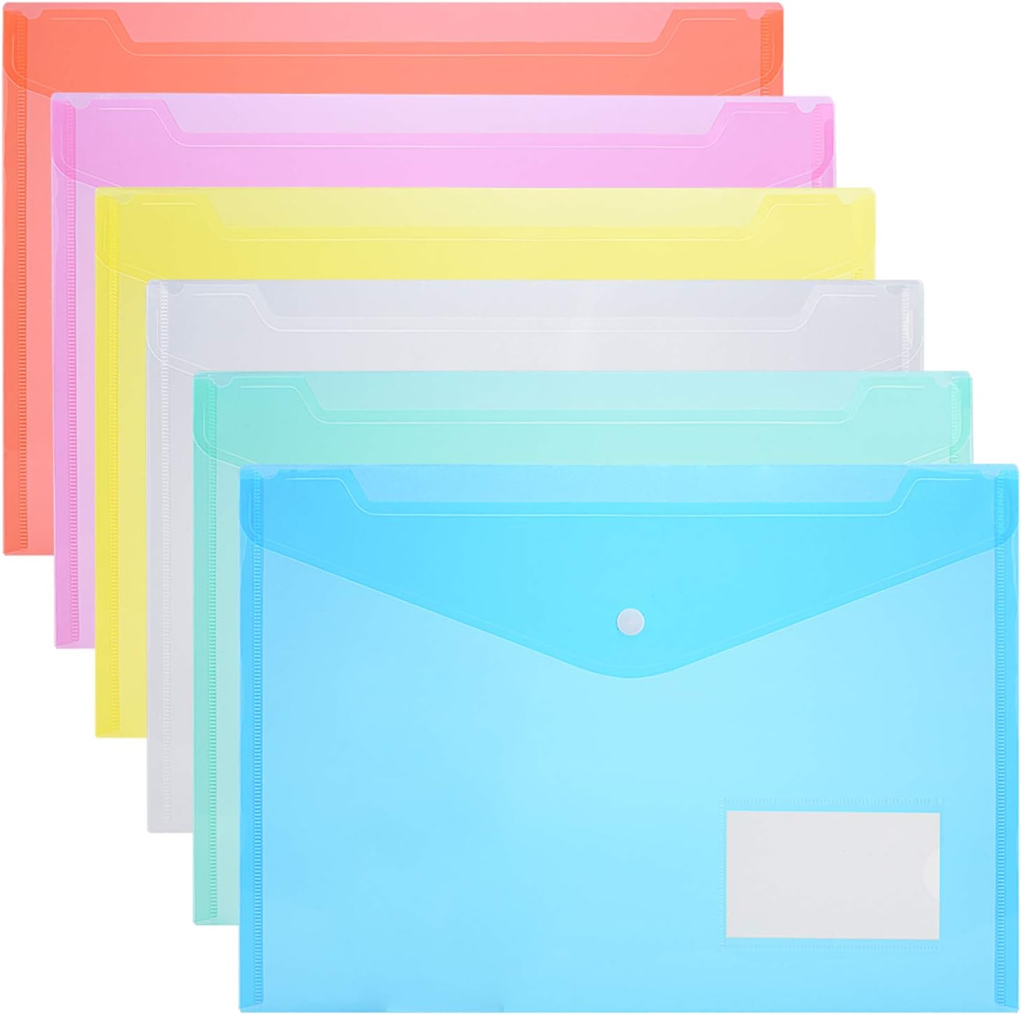ZCZN 42 Pack of Clear Plastic Document Folders Letter Size File Envelopes with Label Pocket and Snap Button for School Home Work Office Organization, 6 Assorted Color, A4 Size