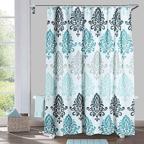 Yougai Shower Curtain for Bathroom with 12 Hooks, Polyester Fabric Machine Washable Waterproof Shower Curtains 72 x 72 Inch (Light Blue Damask)