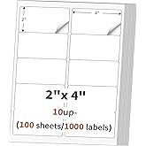 2"x 4" (100 Sheets) Address Labels, Labels Sticker Paper for Laser/Ink Jet Printer, Printable and Writable White Sticker Labels- Matte, 10 per Page Labels (Total 1000 Labels)