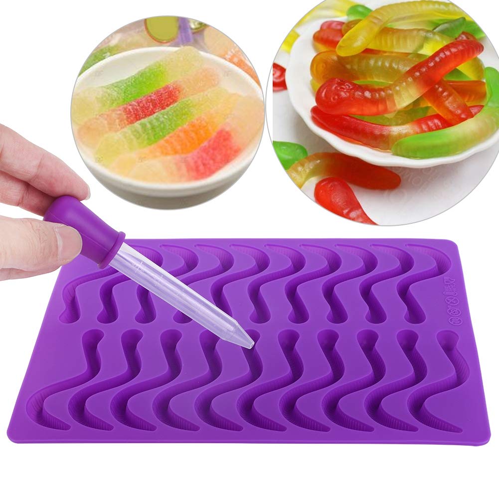 Wincal Purple Worm Silicone Candy Mold, 20 Grids, Non-Stick, Easy To Clean