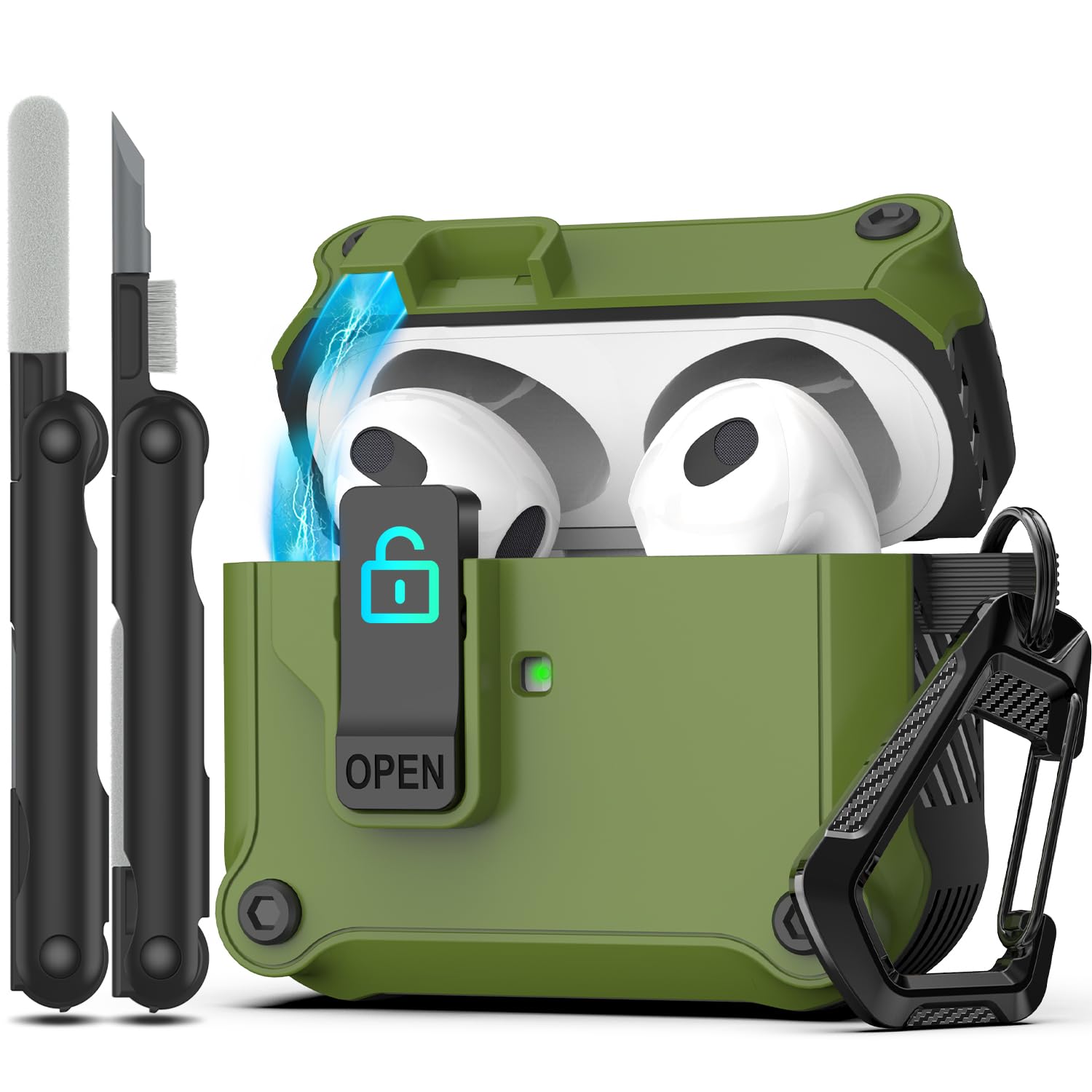 RFUNGUANGO Armor series Compatible with AirPods 3 Case with Secure Lock Clip, Full Body Shockproof Hard Shell Protective, Compatible with Apple AirPod 3rd Generation 2021,Olive Green