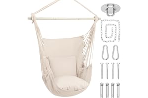 Athena Collection Hammock Chair Hanging Rope Swing Chair with 2 Cushions, Max 350 Lbs, Hanging Macrame Chair with Anti-Slip Grooves Spreader Bar and Pocket for Outdoor Indoor Patio Yard, Beige