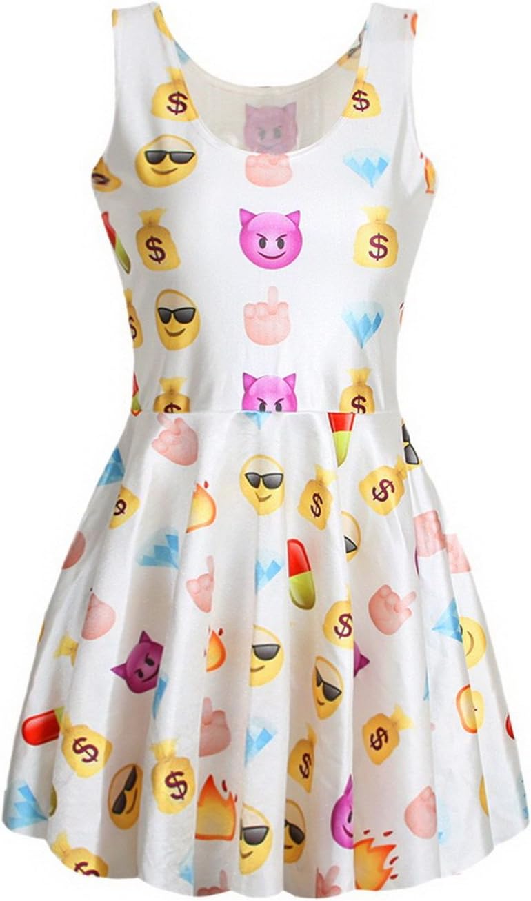Xsen Emoji Cartoon Smiling Face Printed Digital Dresses Flare Pleated Dresses, White1, size M
