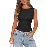 Womens Boat Neck Tops for Women Mesh Ruched Double Lined Tank Top Y2k Cute Going Out Summer Clothes