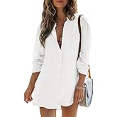 Womens Beach Cover Up Button Down Shirts Summer Cotton Gauze Tops Long Sleeve Bikini Swimsuit