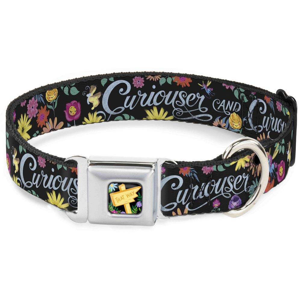 Buckle-Down Dog Collar Seatbelt Buckle Curiouser and Curiouser Flowers of Wonderland Collage, Multicolor, 1" Wide - Fits 11-17" Neck - Medium (DC-WDY300-M)