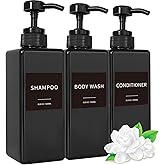 Shampoo and Conditioner Dispenser, Refillable Plastic Shampoo Pump Bottles with Waterproof Labels, Empty Body Wash Dispenser Set for Bathroom, Shower Soap Bottles (Black, Set of 3, 16.9oz)