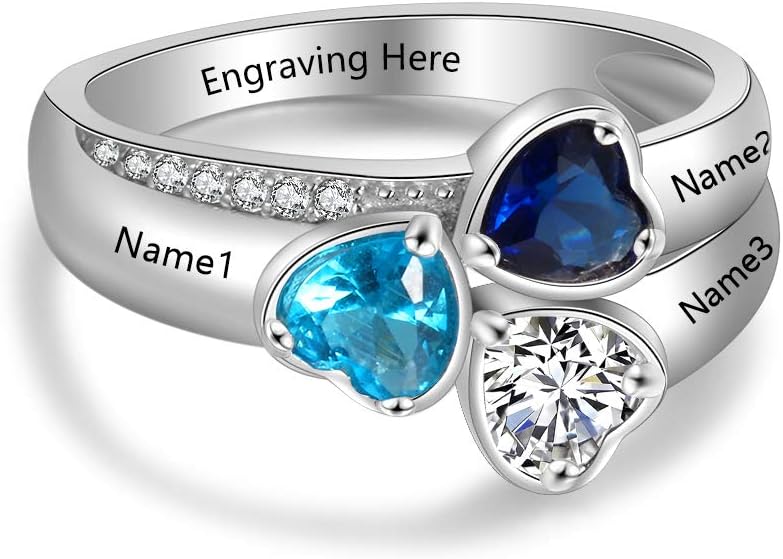 Personalized Mothers Rings with 3 Simulated Birthstones for Women Engraved Family Name Rings for Grandmother Mother Anniversary Rings
