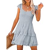 Women Summer Dresses Casual Boho Smocked Ruffle Sun Beach Babydoll Mini Dress Layered Flowy Swing Dress