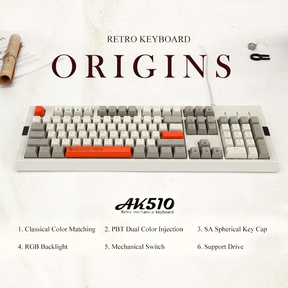 NACODEX F11 Retro Mechanical Keyboard 104 Keys Anti-Ghosting - PBT SA Spherical Keycap - Cherry MX Red Switches - Programmable Macro White Backlit PC Wired Keyboard for Office Gaming (Black)