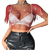 Womens Rhinestone Fishnet Tops V Neck See Through Mesh Sparkly Tank Top with Tassel Rave Party