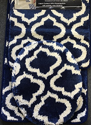 WPM 3 Piece Multi Color Bath Mat Set-bathroom Mat Contour Rug and Lid Cover (Paragon Navy)