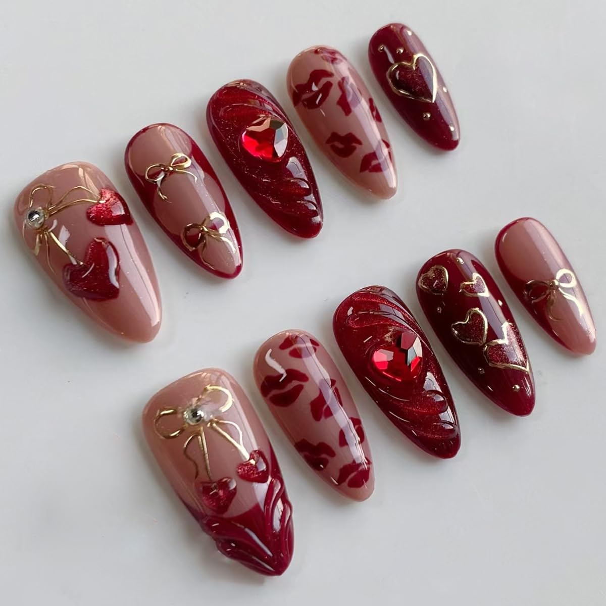 Photo 1 of **MISSING PARTS/check clerk comments**
24 Pcs Wine Red Press on Nails Short Almond,MINGCHUN Fall Summer Fake Nails Press ons Acrylic Nail Art Tips Kit Full Cover False Nails Glue on Nails with 3D Cherry Rhinestone Design for Women