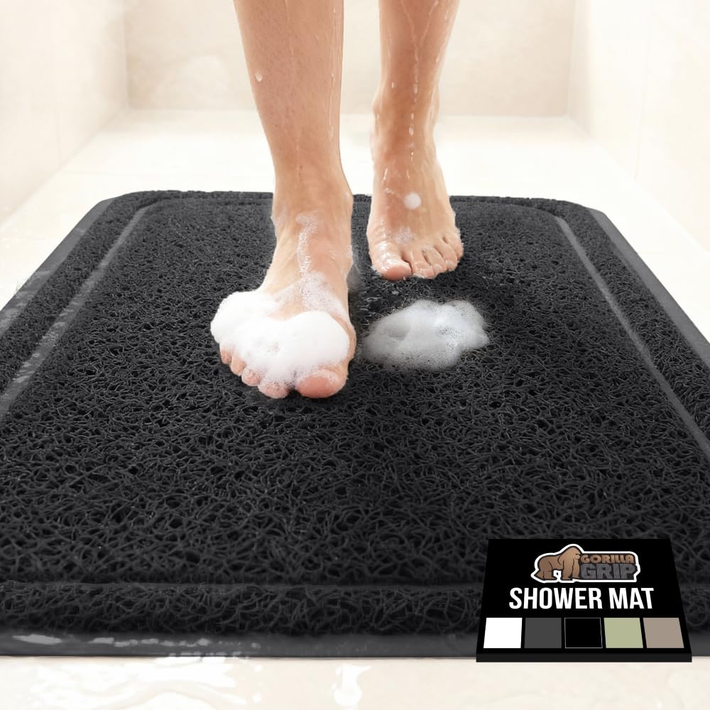 GORILLA GRIP Exfoliating Bath and Shower Mat, Textured Backing, 30x16 Soft Loofah-Style Foot Scrubber for Outside or Inside Bathtub, Quick Dry Easy Drainage Tub Floor Mats, Bathroom Essentials, Black