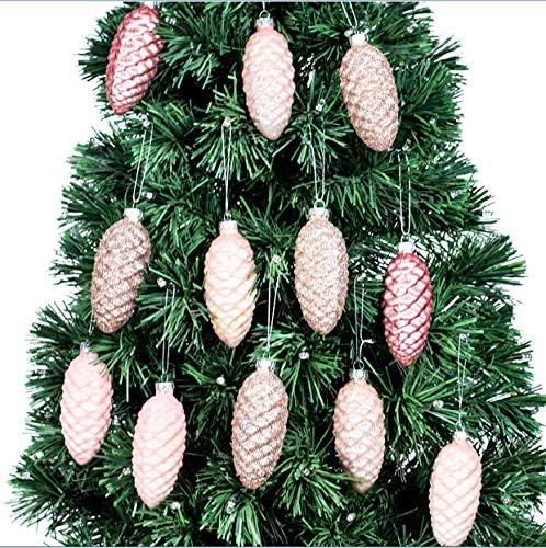 EssenceLiving Set of 12 Pine Cone Glass Ornaments for Christmas Tree Decor, Pink Glass Pine Cone Hanging Ornaments (colour scheme 2)