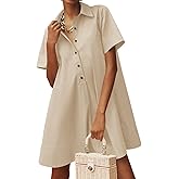 Wenrine Womens Oversized Shirt Button Mini Dress Short Sleeve Casual Collared V Neck Summer Flowy Dresses