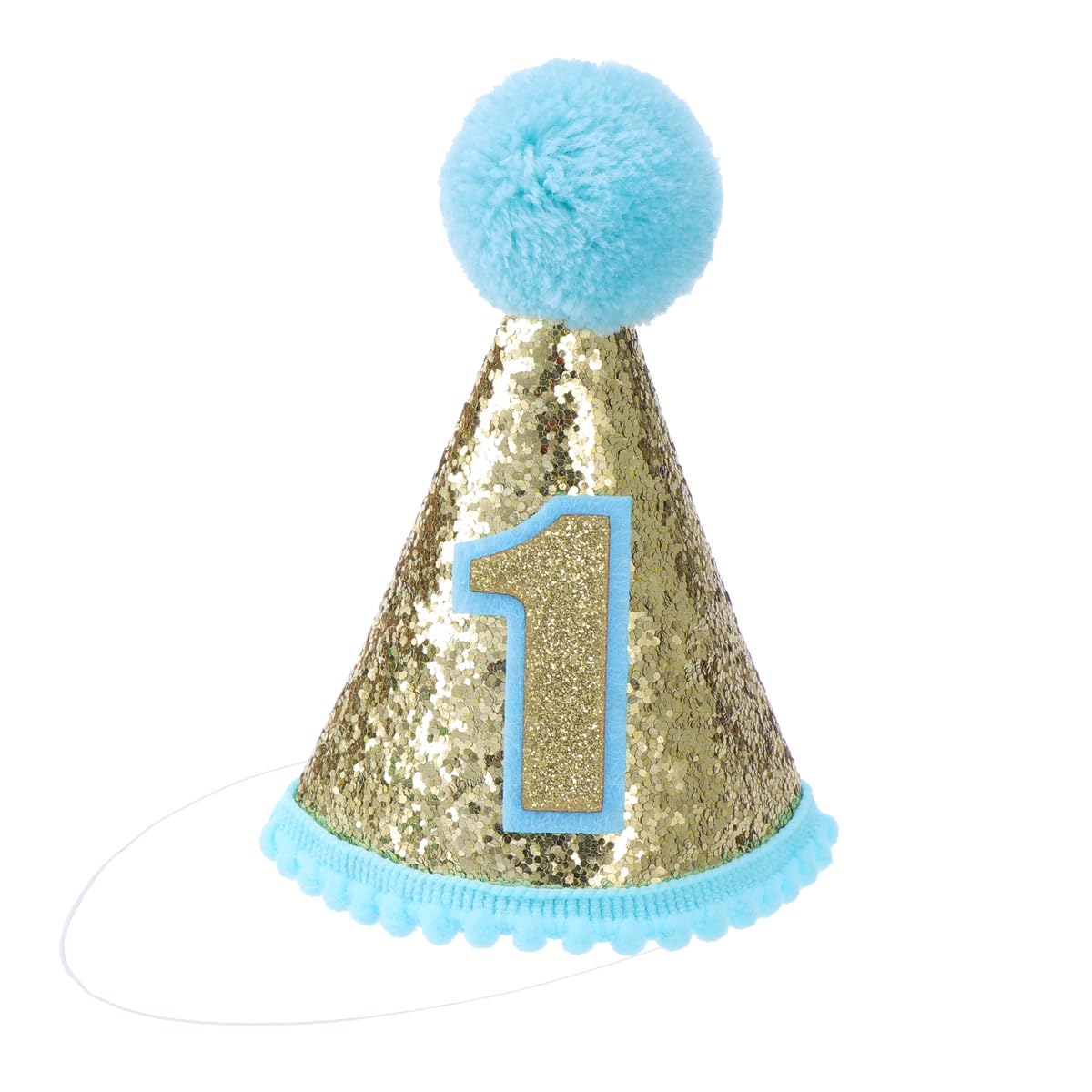 Glitter Sparkle 1St Birthday Cone Hat with Adjustable Headband for Baby Party Supplies - Blue Pom Pom Party Hat for Kids