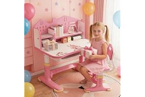 gihusrzx Kids Adjustable Study Desk & Chair Set w/Storage, Drawers,Bookshelf, Widened Child Writing Homework Table, Little Gi