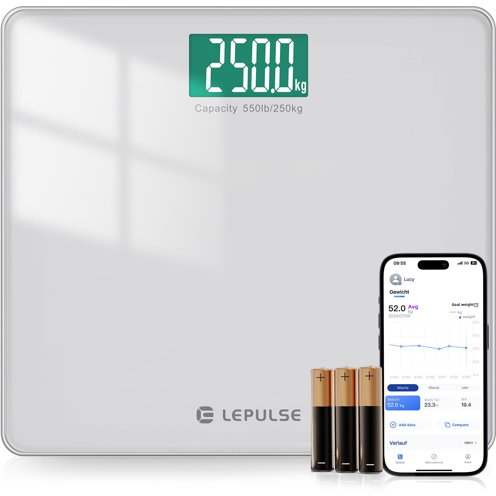 Digital Bathroom Scales for Body Weight Scale 250kg Extra-High Capacity, Lepulse Smart Weighing Scales Body Weight BMI with Extra-Large Platform, Weight Machine with APP, 8mm Tempered Glass, Step-on