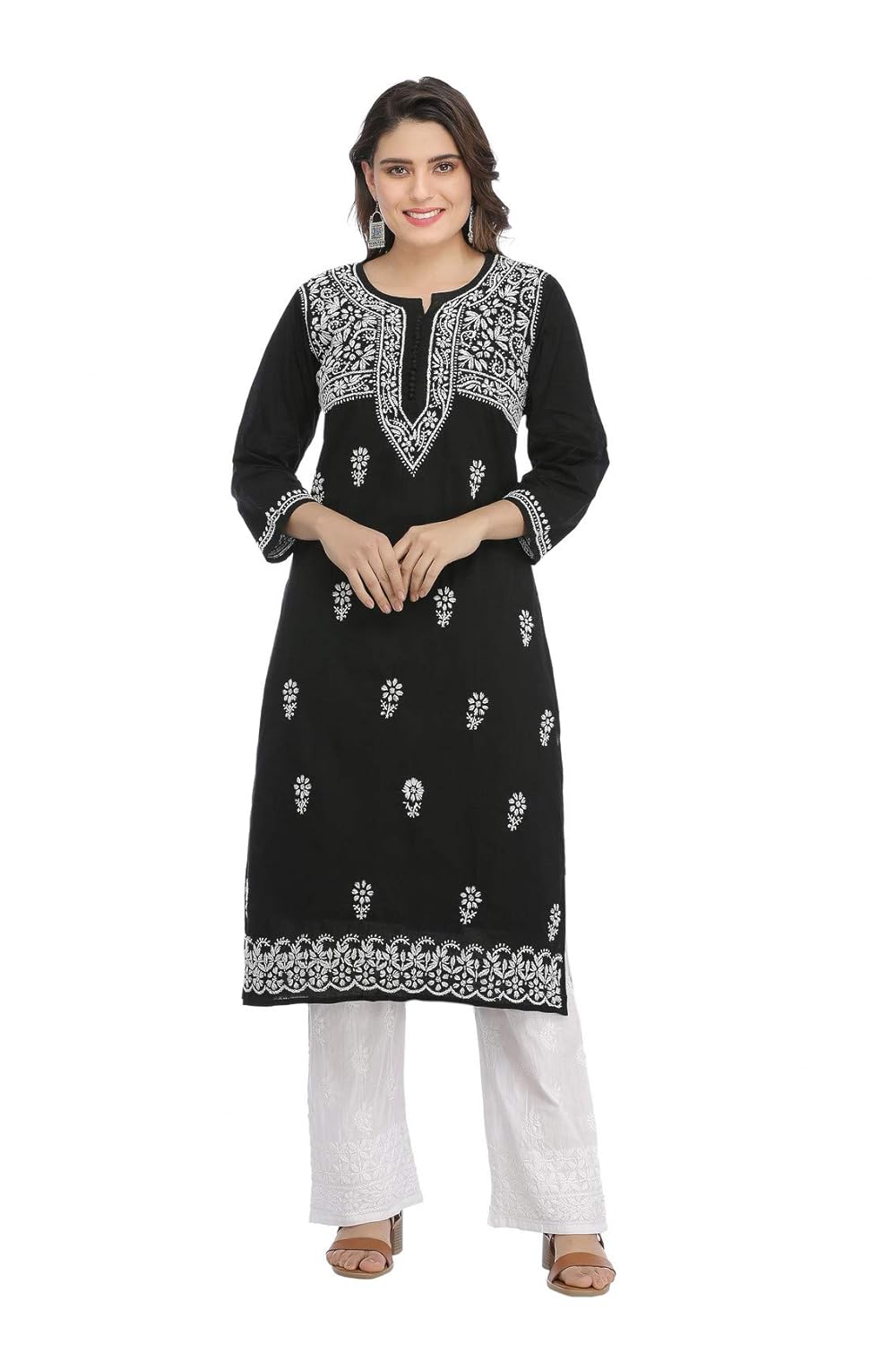 ada hand embroidered lucknow chikan womens cotton kurti kurta (a341075_black)