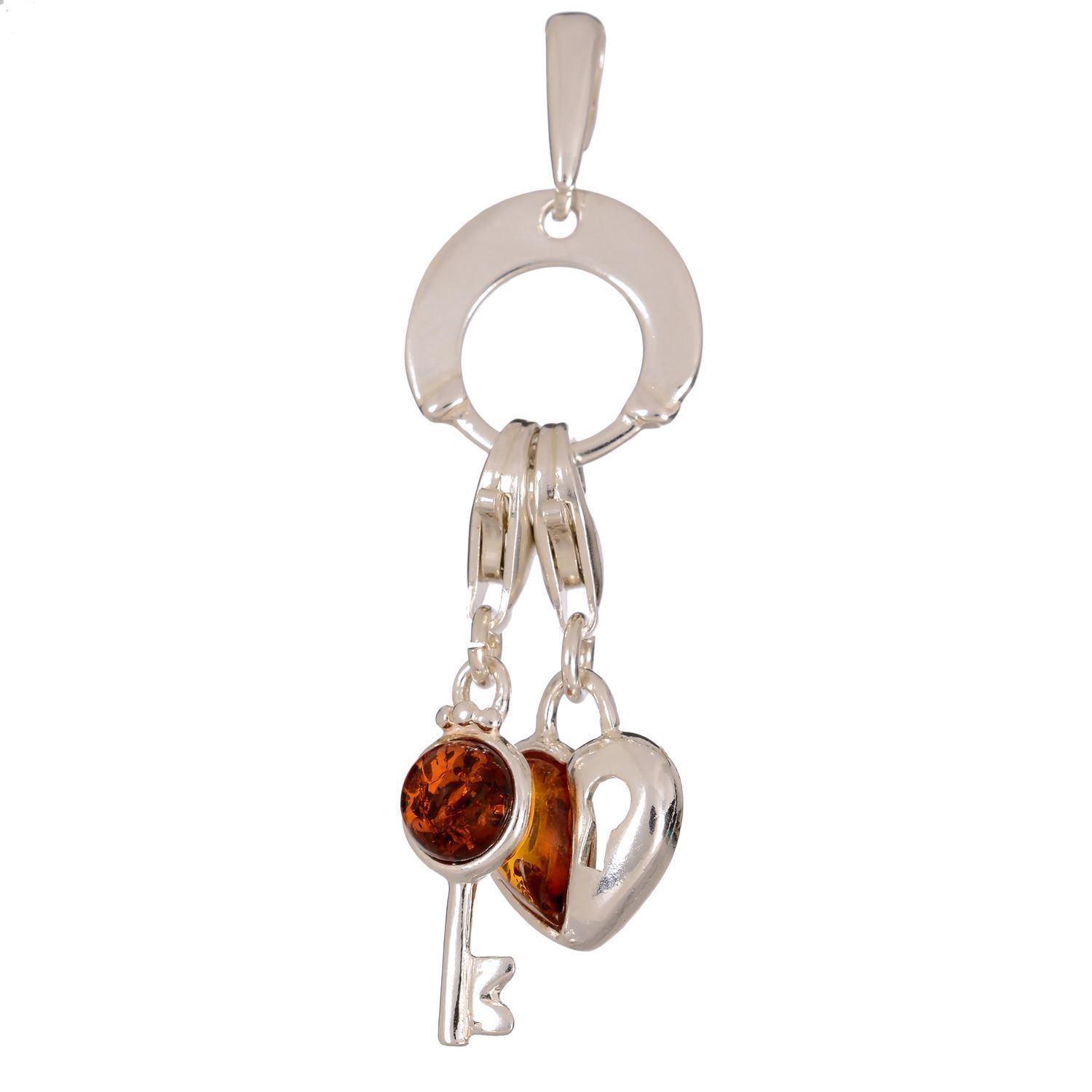 Sterling Silver and Baltic Amber Heart and Key Charm Pendant