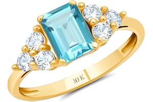 Solid 10K Yellow or White Gold Emerald Cut Swiss Blue Topaz December Birthstone Ring with Created White Sapphire Accents