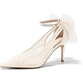 Coutgo Womens Lace High Heels Closed Pointed Toe Stiletto Pumps Bow Tie Ankle Strap Wedding Party Dress Shoes