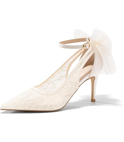 ERIJUNOR E2374 Ivory Lace Mesh Satin Bridal Wedding Shoes for Women Comfortable Mid Heel Tie Up Ankle Strap Pointy Toe Pumps Ivory Size 5.5