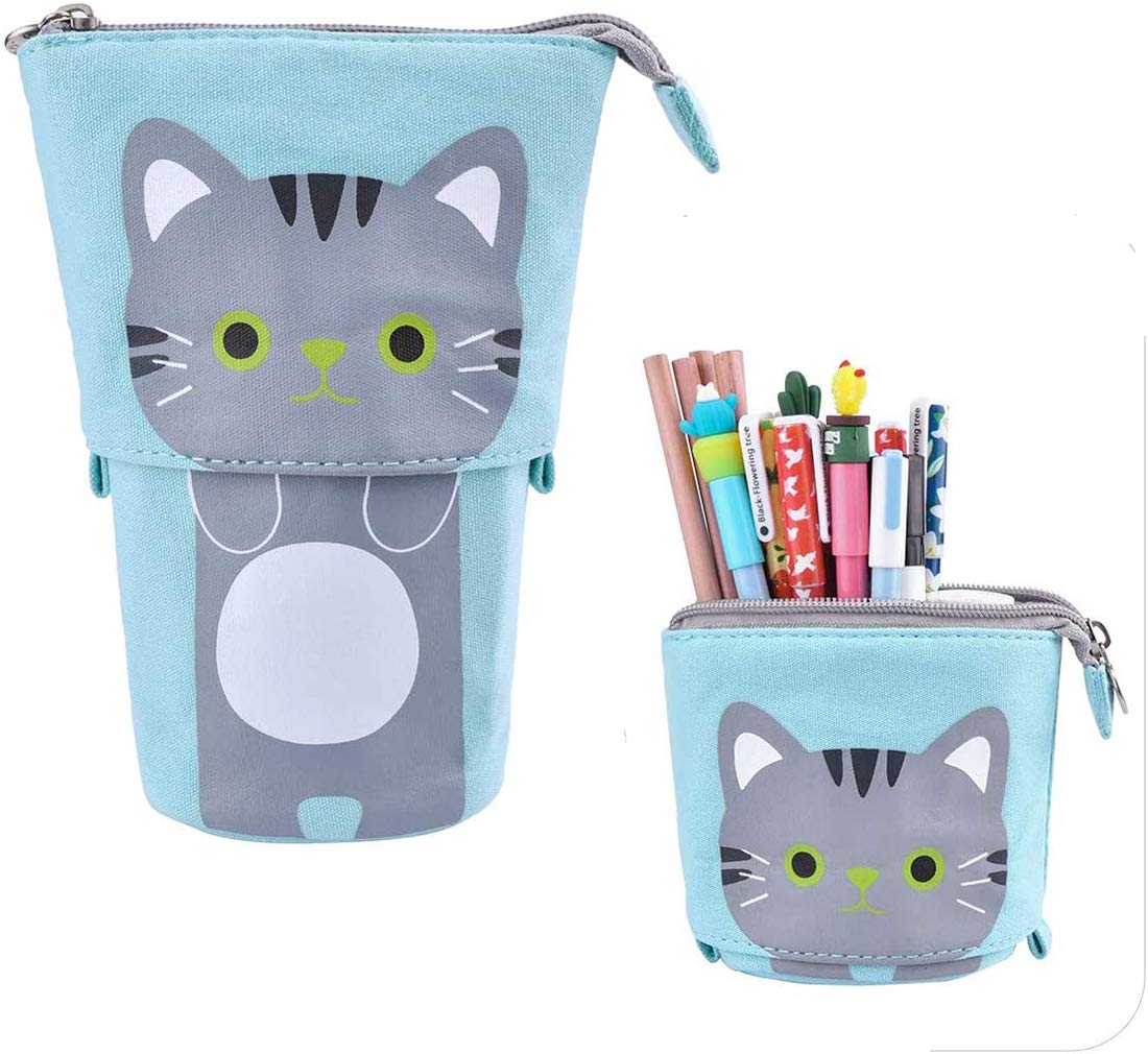Pencil Case Cute Stand Pencil Holder, Cute Cartoon Cat Telescopic Stand Stationery Bag Pencil Case Pouch Variable Kids Canvas Cosmetic Bags Storage Bag Retractable Pen Makeup Bag for Boy Girl Student