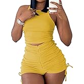 PYAEAS Summer Two Piece Outfits for Women, Casual Stretchy Ribbed Tank Crop Top Ruched Shorts Set Workout Tracksuits
