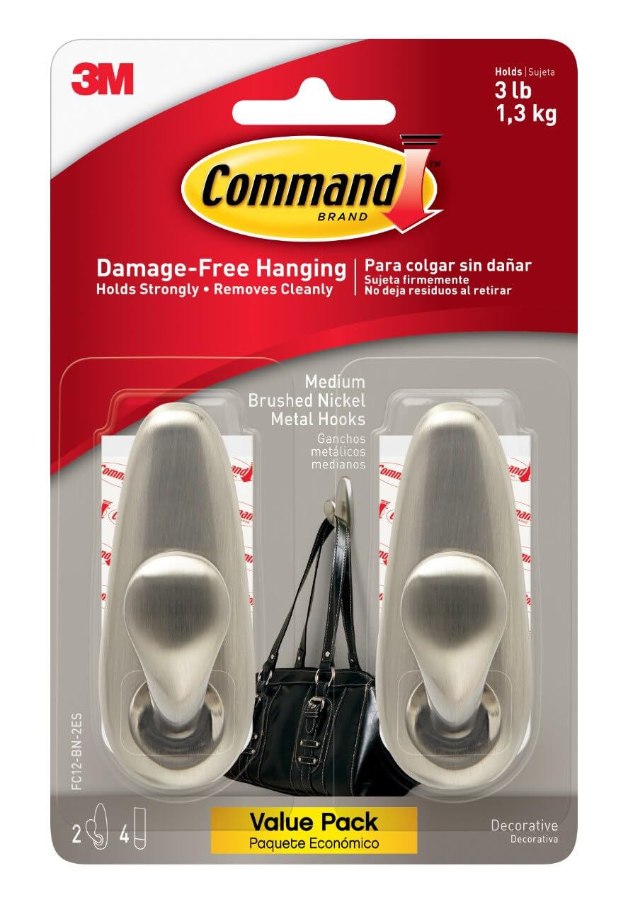 Command FC12-BN-2ES Medium Forever Classic Value Pack, Brushed Nickel, 2 Hooks, 4 Strips