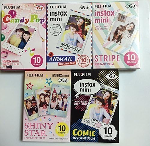 Fujifilm Instax Mini 5 Pack Bundle Includes Candy Pop, Comic, Stripe, Shiny Star, Airmail. 10 sheets X 5 Pack = 50 Sheets