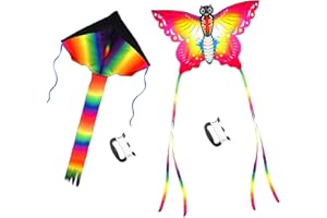 SINGARE Large Rainbow Delta and Butterfly Kites 2 Pack Easy Flyer Kites with Long Colorful Tail for Kids Adults Outdoor Game, Activities, Beach Trip, Great Gift to Kids Childhood Precious Memories