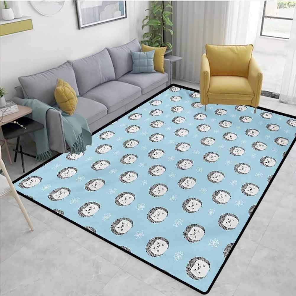 Hedgehog Kitchen Rug Watercolor Artwork Smiling Happy Characters with White Daisies on Blue Chair mat Carpet Pale Blue Grey White Area 5'x7'