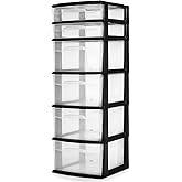 HOMZ Drawer Tower, 6-Tier Clear Plastic Storage Organizer Cart, Black Frame - Heavy-Duty Organizing Drawers for Home, Bedroom, and Closet Organization