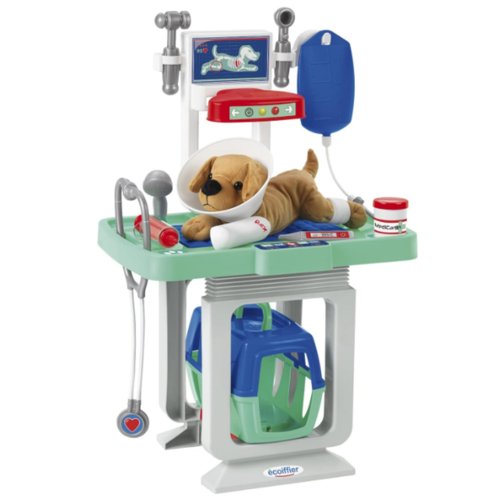 Ecoiffier Veterinary Clinic Playset - 15 Piece Veterinarian Toy for Kids Includes Plush Dog, Bandage, Examination Trolley, Carry Basket, for Children from 18 Months