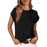 Cicy Bell Women Summer Cap Sleeve Tops Casual Crew Neck Plain T Shirts Loose Fit Basic Tees Black