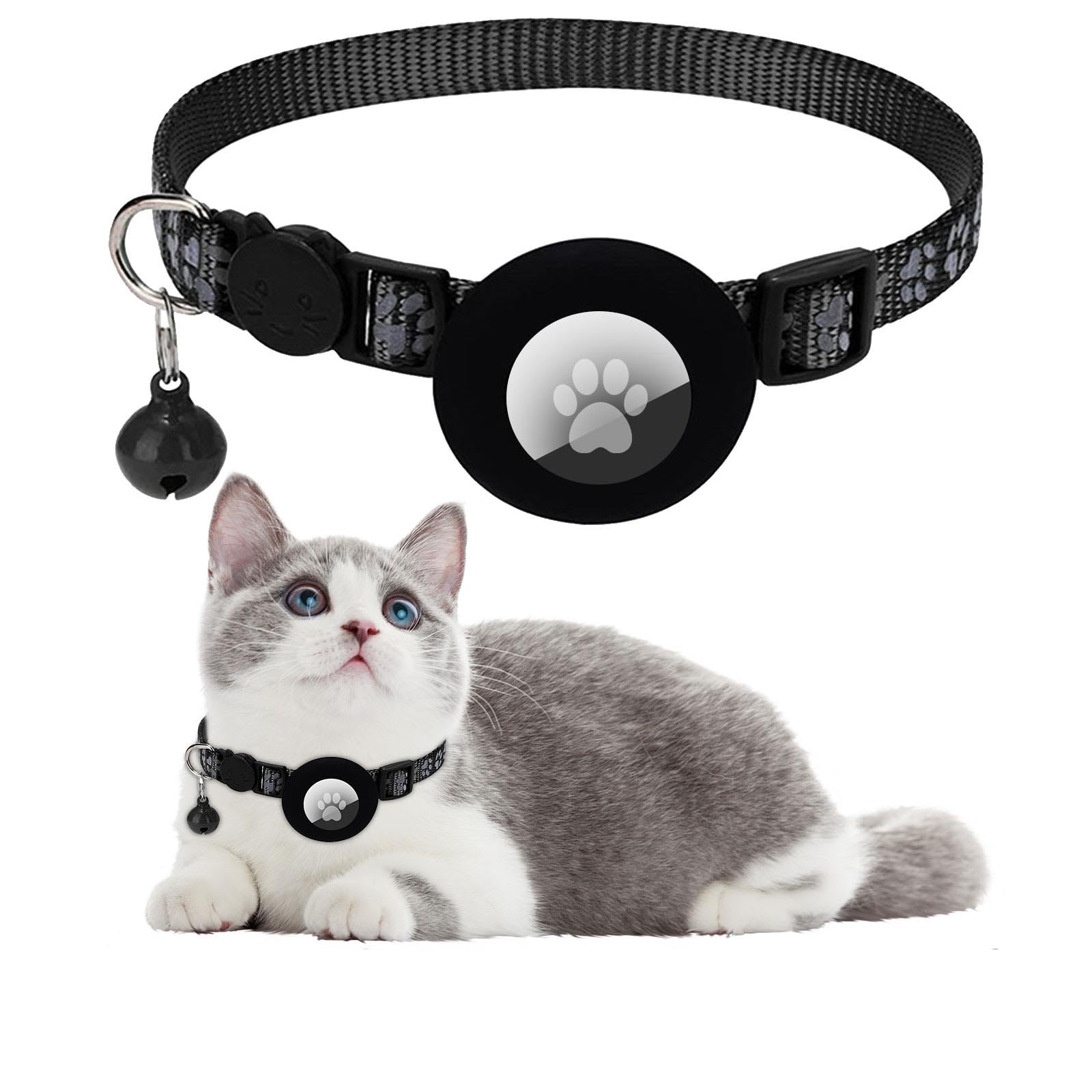 Ledeak Cat Collar with Air Tag Holder, Reflective Lightweight Airtag Cat Collar with Bell and Safety Buckle, Adjustable Quick Release Personalised Kitten Collar for Boy and Girl Cat (Black)
