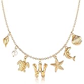 NEKOL Initial W Charm Necklace For Women, Boho Gold Summer Beach Surfer Letter Necklace Starfish Seashell Pearl Turtles Dolphin Charms Pendant, Trendy Pendant Alphabet Choker Necklace Jewelry Gifts
