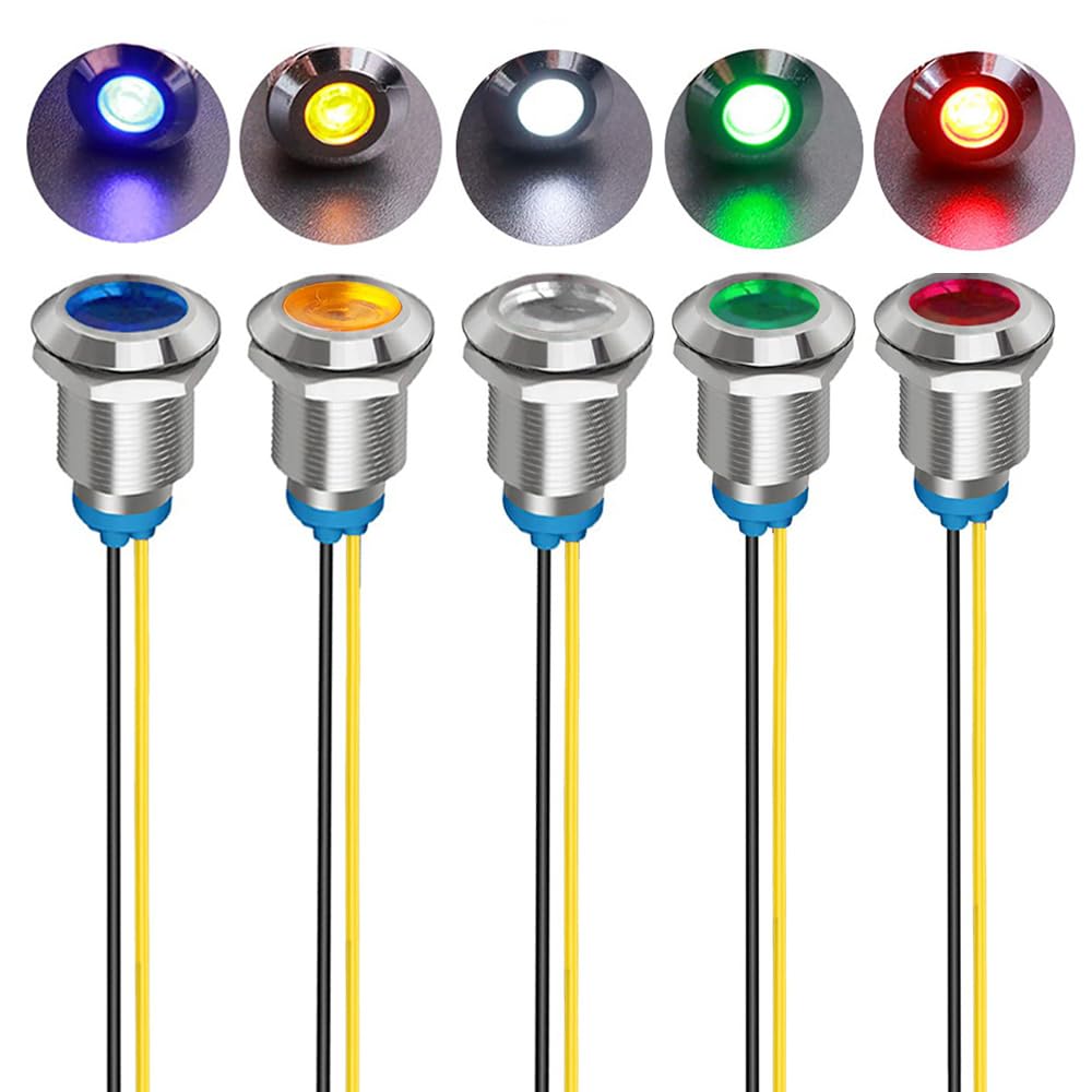 Gebildet 5Pcs 12mm 230V AC LED Metal Indicator Light Waterproof Signal Lamp (Green Orange Red Blue White 5Pcs)